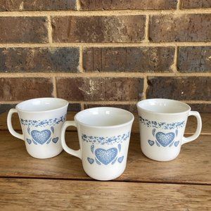 3 Corning USA Blue Sponge Heart Coffee Mugs Cups